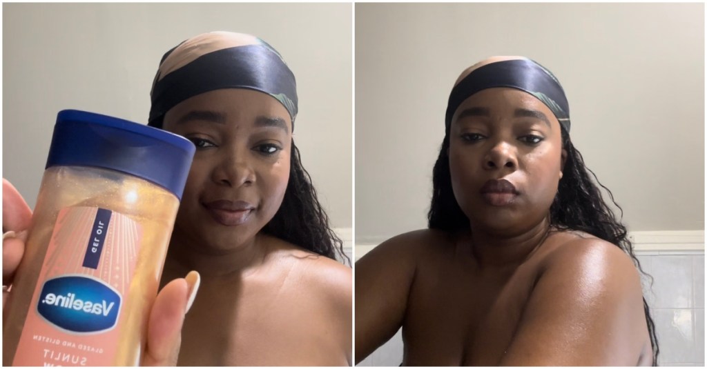 Tatayana Yomary testing Vaseline's Glazed and Glisten Shimmer Gel Oils
