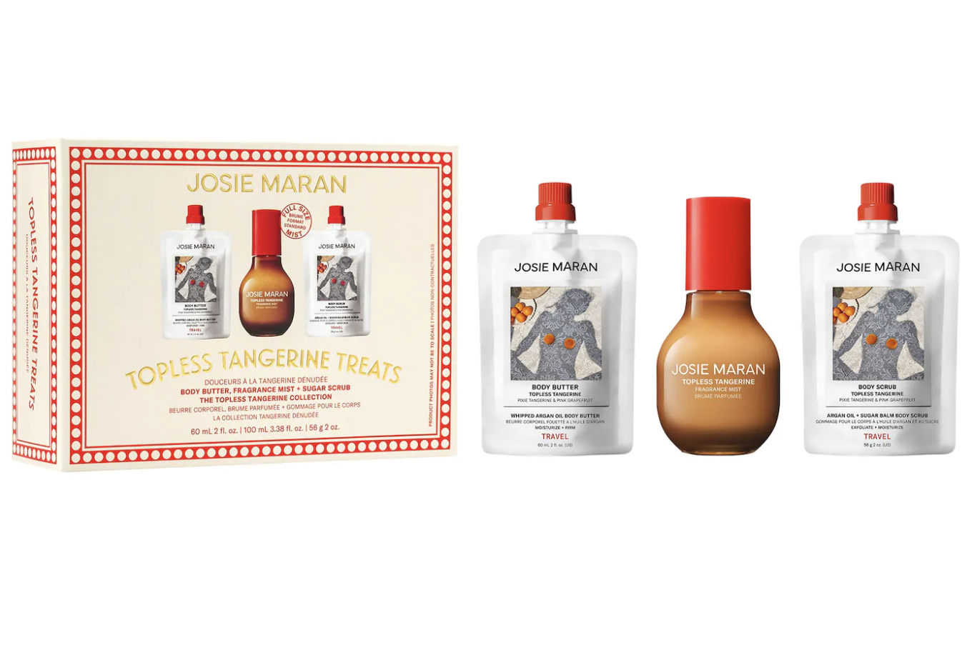 Josie Maran Topless Tangerine Treats Body Butter, Fragrance Mist, Sugar Scrub Gift Set