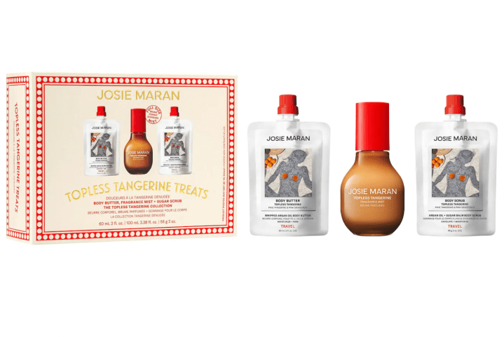 Josie Maran Topless Tangerine Treats Body Butter, Fragrance Mist, Sugar Scrub Gift Set