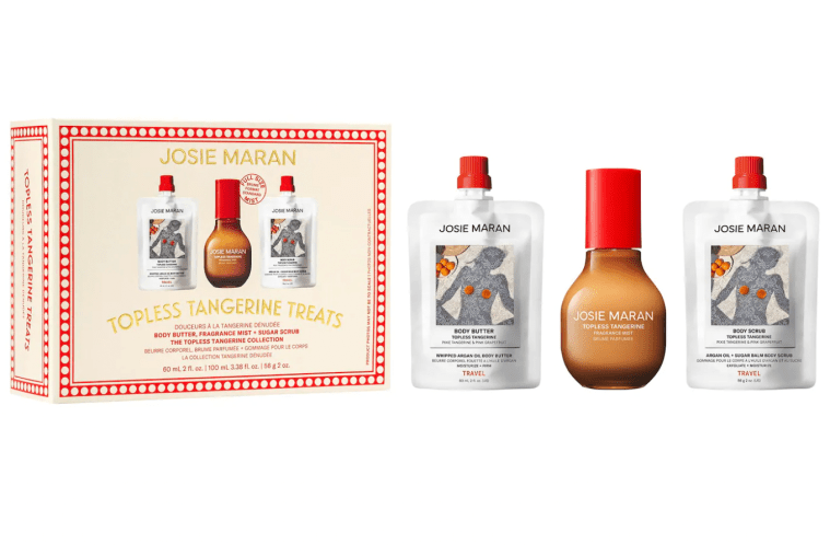 Josie Maran Topless Tangerine Treats Body Butter, Fragrance Mist, Sugar Scrub Gift Set