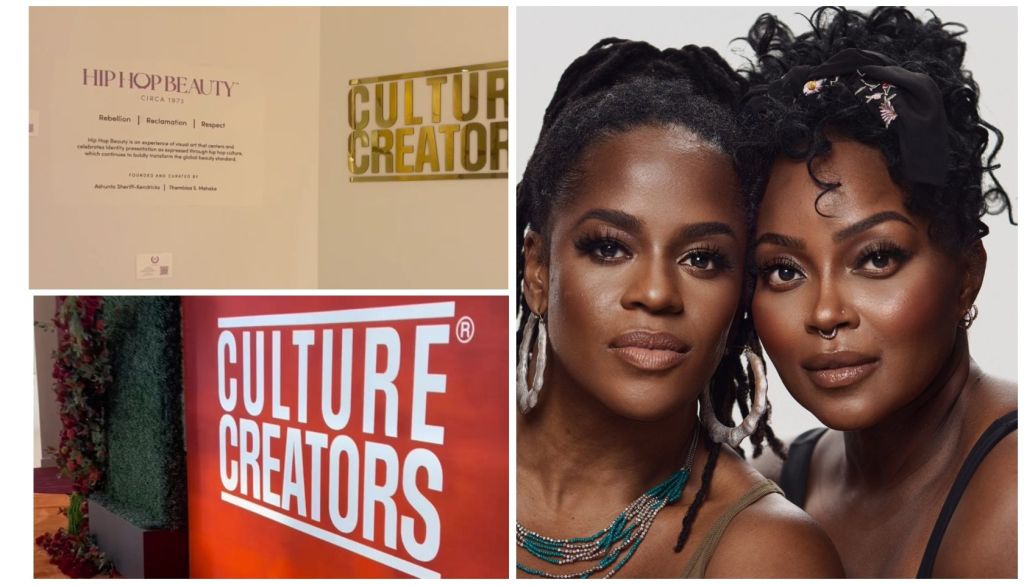 Two Black women with curly hair posing together, one wearing a necklace. Text in the image reads "Hip Hop Beauty" and "Culture Creators".
