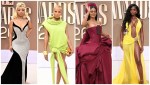 A collage of four fashion images featuring women in glamorous evening gowns and dresses in vibrant colors including red, yellow, and neon green.