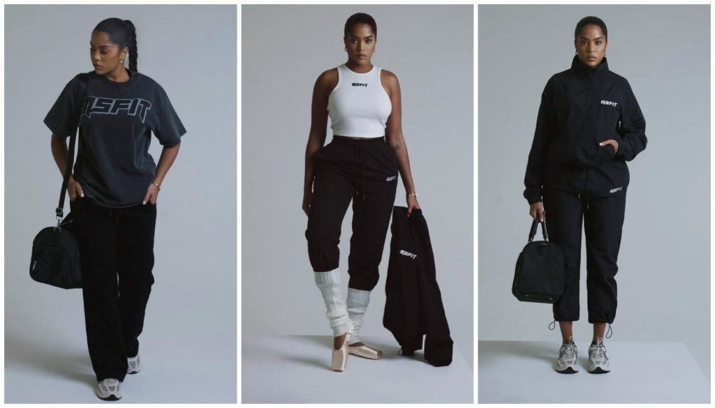 Three images of a woman wearing black and white athletic clothing with the "SPORT" logo. The woman is posing in different athletic poses.