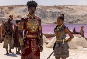 Two people in elaborate tribal costumes stand in a desert landscape with a pink lake in the background.