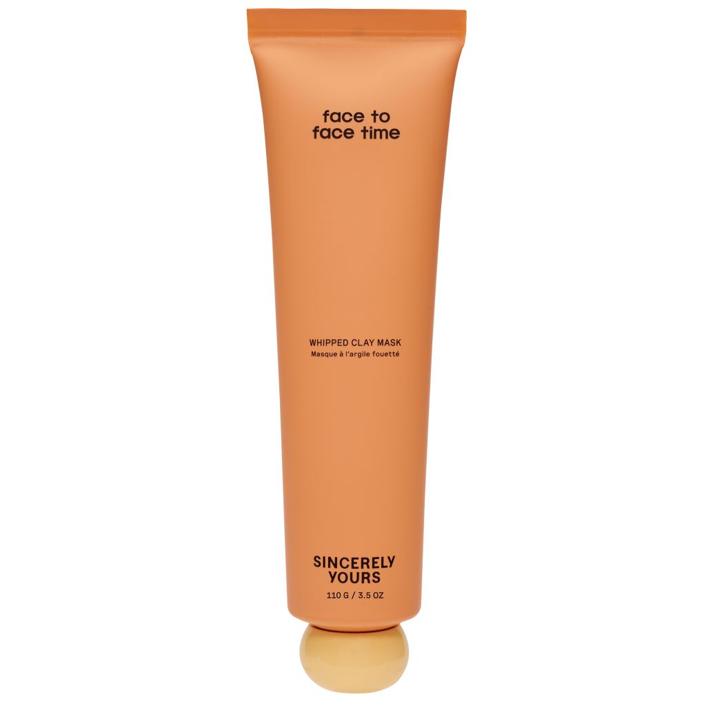 A tube of orange face mask labeled "face to face time" and "Sincerely yours".