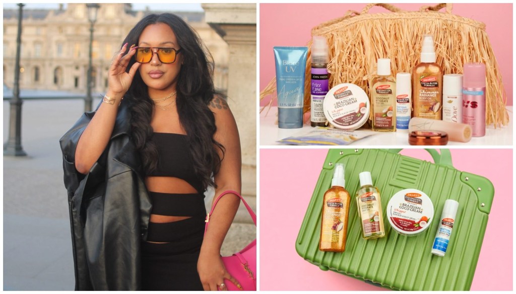 A woman wearing sunglasses and a black outfit stands in front of a building. A collage of beauty products including lotions, creams, and sprays is displayed on a pink and green background.