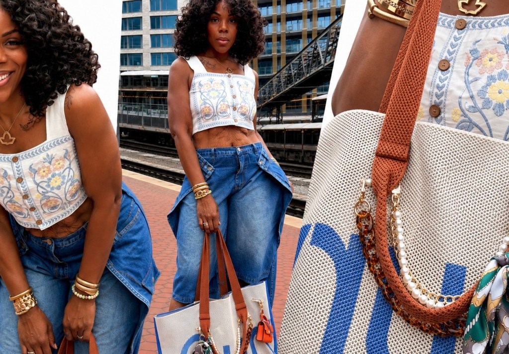 A young woman with curly hair wearing a white crop top and blue jeans, standing in front of a modern building.