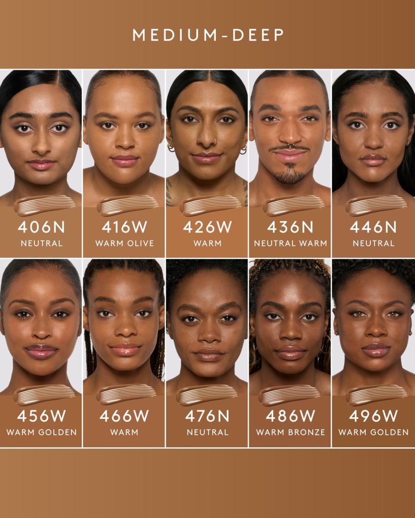 Medium-deep skin tone color guide with 10 model faces and corresponding product codes.