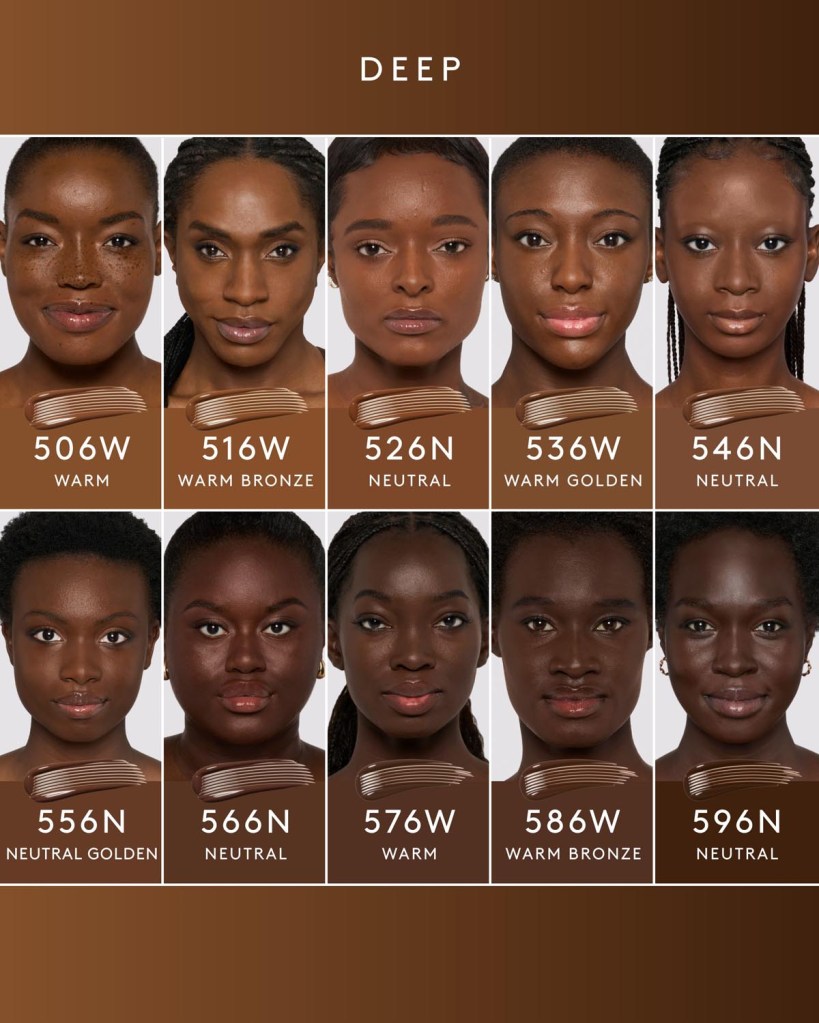 A grid of 10 headshot images of Black women with skin tone labels ranging from "Warm" to "Neutral Golden" and "Warm Bronze".