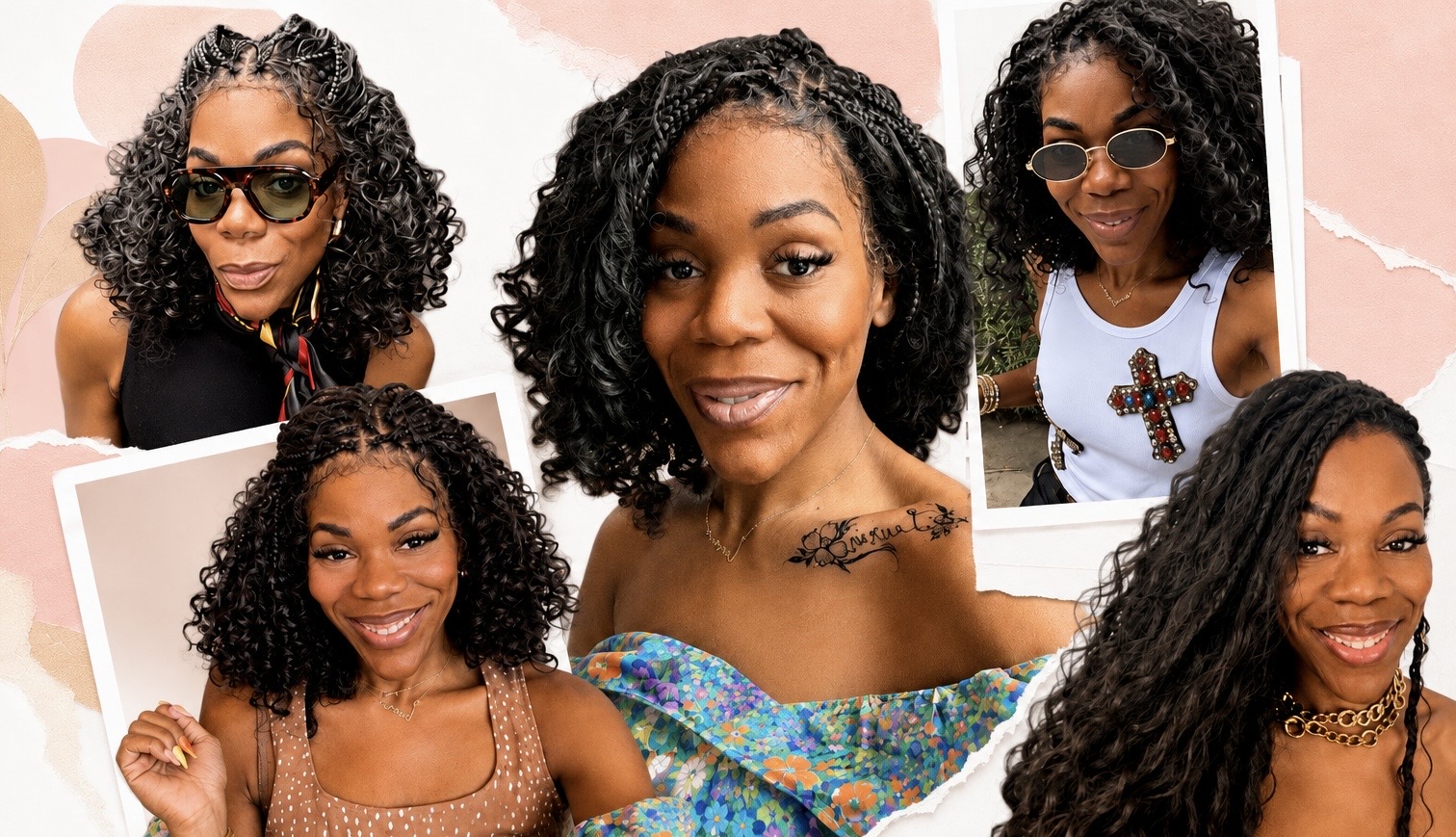 A collage of five portraits of Black women with various hairstyles, including braids, curls, and dreadlocks. The women are wearing sunglasses and jewelry and have warm, friendly expressions.