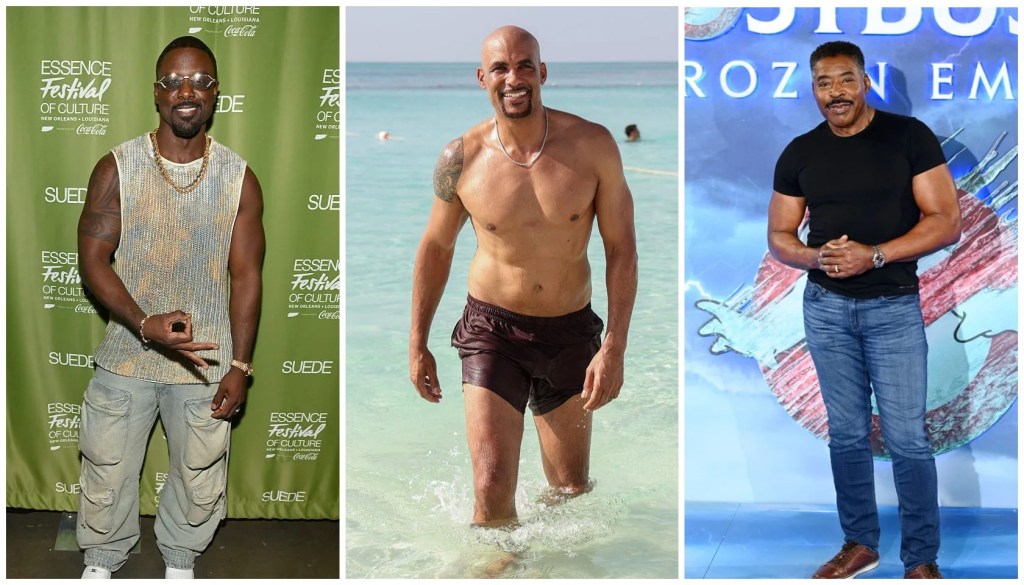 A collage of three images: 1) A man wearing a sleeveless, bejeweled top at an Essence Festival event. 2) A shirtless man standing in the ocean. 3) A man in a black shirt and jeans standing in front of a colorful abstract backdrop.