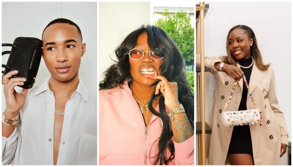 Three portraits of young Black adults: a man holding a hair styling tool, a woman with long curly hair and sunglasses smiling, and a woman in a beige coat and patterned dress.