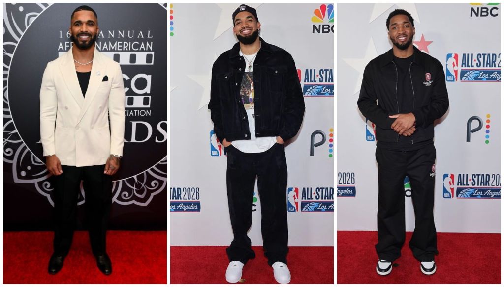 Three men posing on a red carpet at the 16th Annual NAACP Image Awards, wearing formal and casual attire with NBA All-Star 2020 branding.