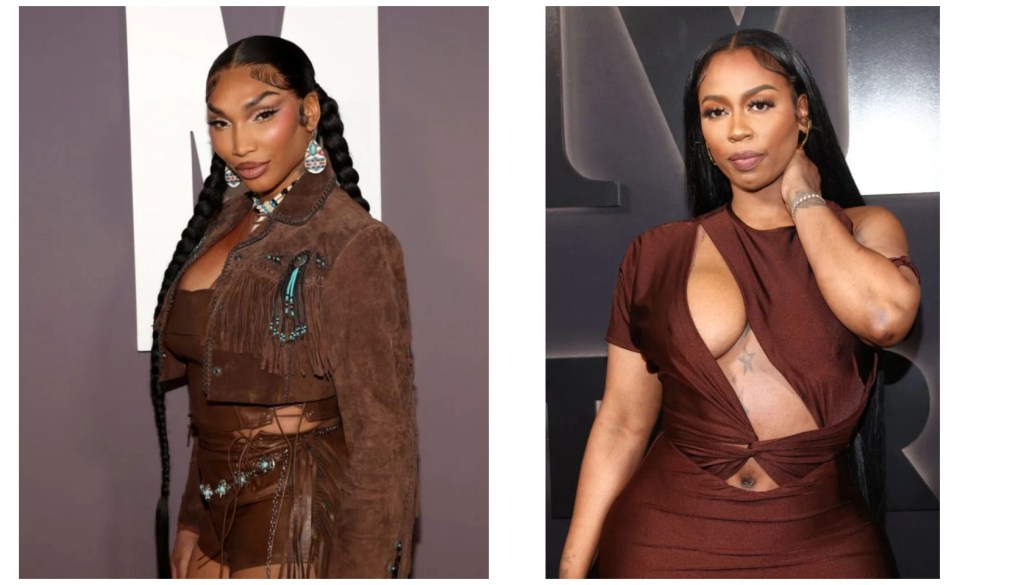 Two images of a woman wearing a brown suede outfit with fringe and a burgundy dress with a plunging neckline.