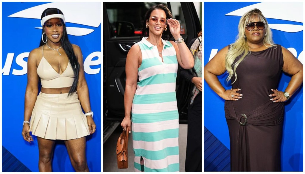 Three women posing in front of a blue background, one in a beige crop top and skirt, one in a striped dress, and one in a brown dress.