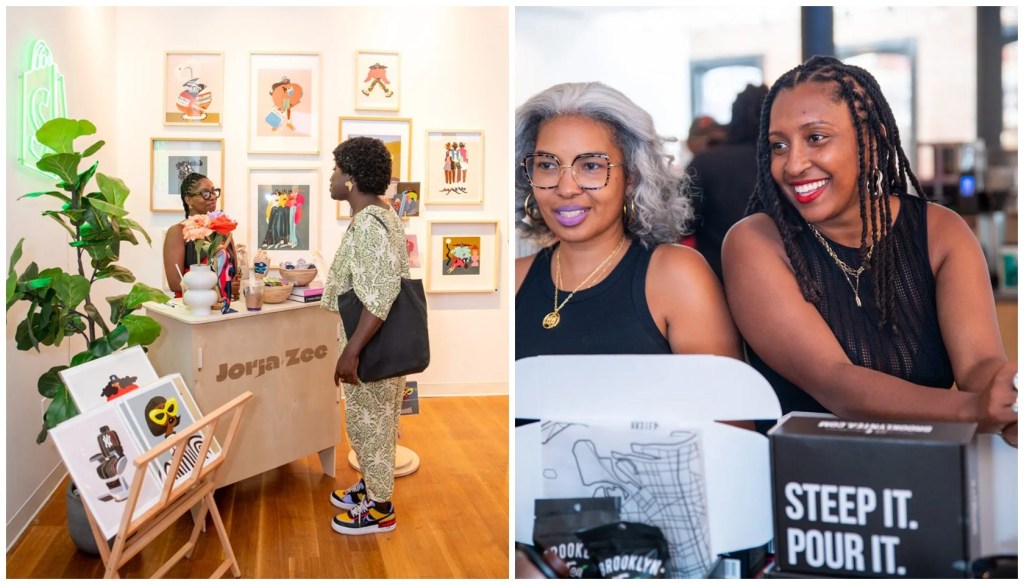 Two women, one with gray hair and glasses and one with dreadlocks, standing in a room with framed artwork on the walls and a "Jorja Zee" sign. Two women, one with gray hair and glasses and one with dreadlocks, standing in a store with "Steep It. Pour It." merchandise.