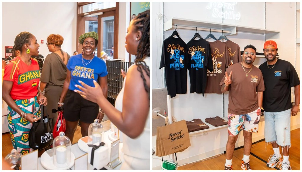 A group of people standing in a clothing store, some wearing Ghana and New York-themed shirts. The store displays various apparel items and a "Never Settle" sign.