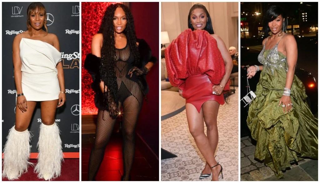 Four images of women in glamorous evening wear, including a white one-shoulder dress, a black sheer bodysuit, a red puff-sleeved dress, and a green sequined gown.