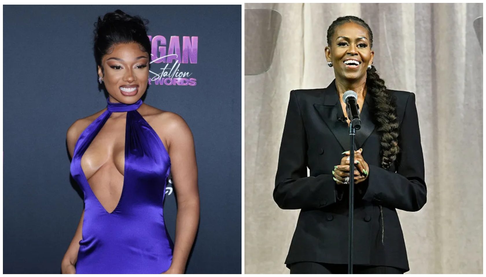 Two images of a woman. On the left, a woman in a purple halter dress smiling at the camera. On the right, a woman in a black suit speaking into a microphone and smiling.