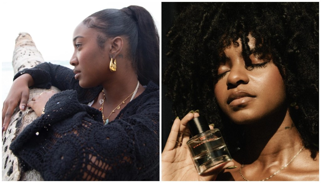 Two portraits of young Black women: one with long dark hair in a ponytail wearing a black lace top, the other with curly hair holding a perfume bottle.