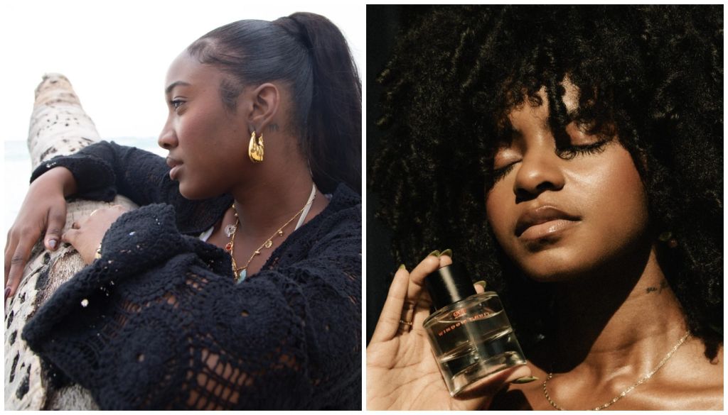 Two portraits of young Black women: one with long dark hair in a ponytail wearing a black lace top, the other with curly hair holding a perfume bottle.